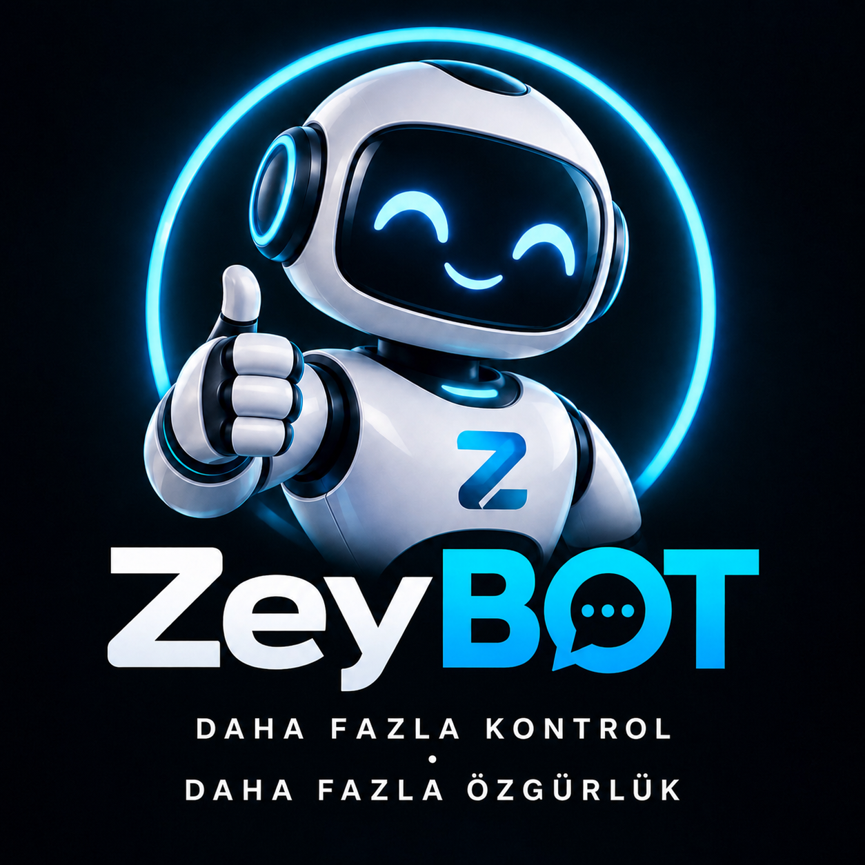 Başparmağını kaldıran beyaz ve mavi ZeyBOT robotu, ZeyBOT logosu ve sloganı